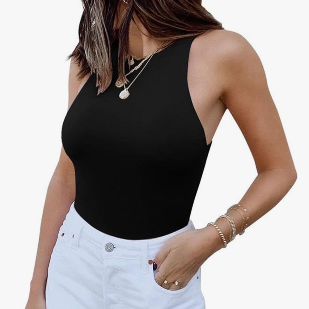 ReoRia High Neck Racerback Sleeveless Bodysuit Tank Top Black Size XL